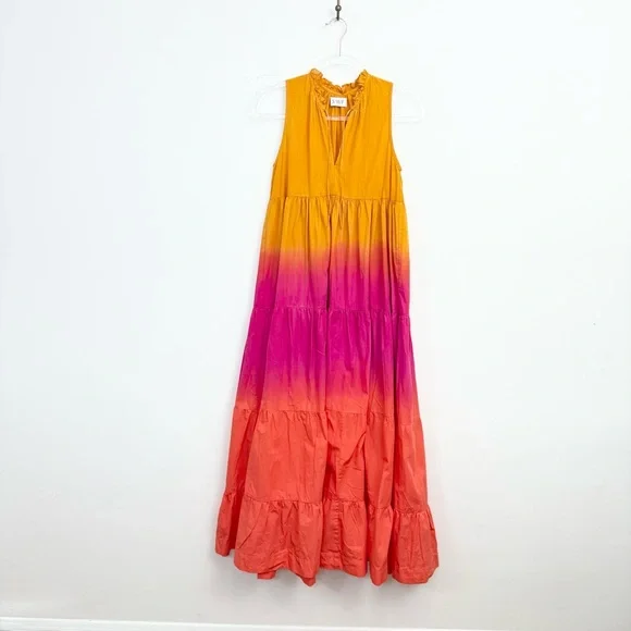 SWF Sunset Ombré Tiered Cotton Maxi Dress Ruffle Neck Boho Resort XS - Picture 2 of 5